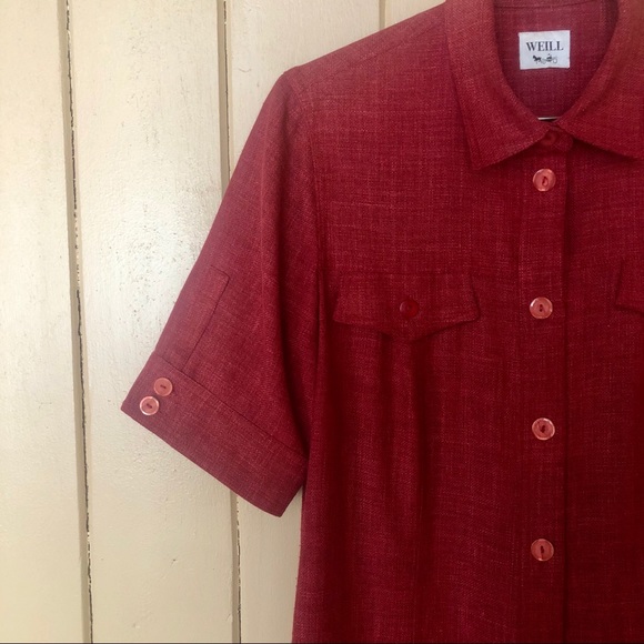 Weill Paris Cranberry Button Down Dress Linen Blen - Picture 2 of 9